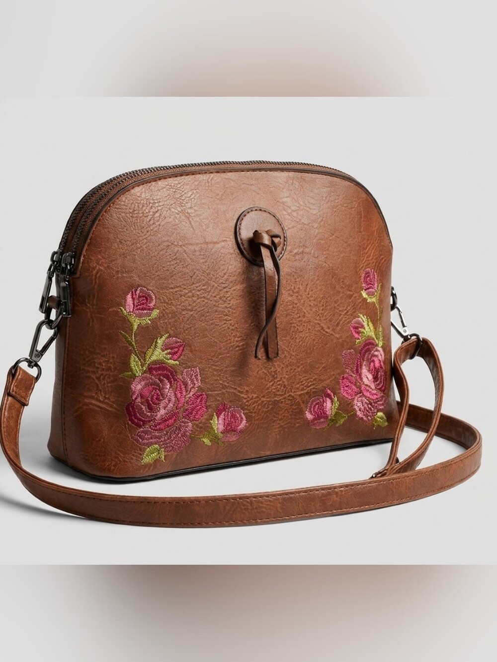 Floral Embroidered Brown Crossbody Bag